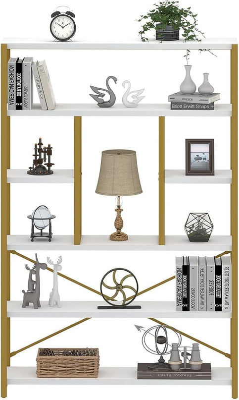 LVB Gold Book Shelf Organizer, Large Tall 6 Tier Bookshelves Storage, Big Modern Metal Wooden 6 Shelf Bookcase, Farmhouse Open Display Vertical Bookshelf for Bedroom Living Room Office, White and Gold - LeafyLoom