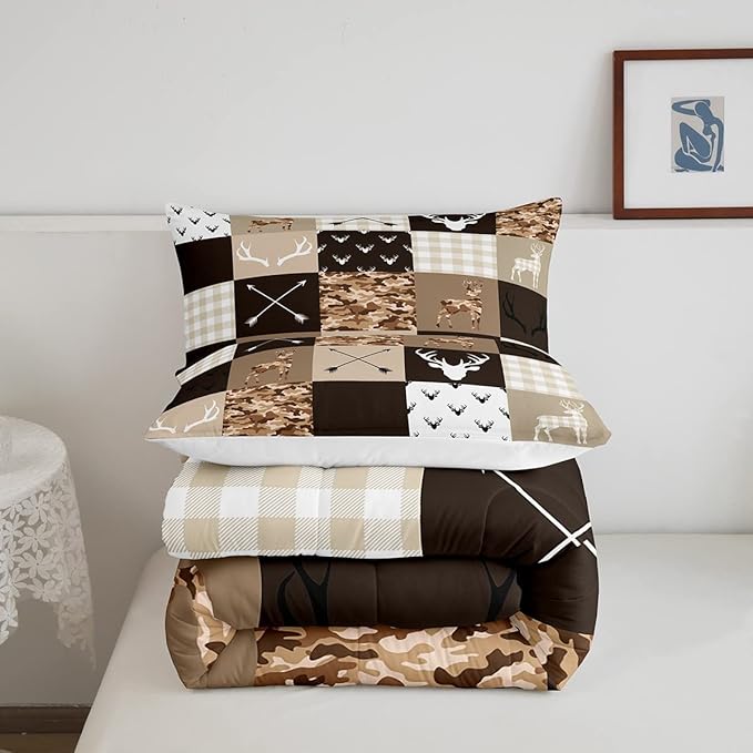 Camo Animal Kids Comforter Set Full Size,Deer Antlers Silhouette Bedding Set,Girls Boys Adults Bedroom/Xmas Decor,Checkered Geometric Down Comforter,Arrow Boho Tribal Duvet Insert,3pcs,2 Pillowcases - LeafyLoom