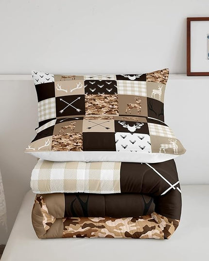 Kids Deer Antler Animal Comforter Set King Size,Brown Camo Xmas Bedding Set,Girls Boys Adults Bedroom/Cabin Decor,Plaid Patchwork Vintage Down Comforter,Boho Arrows Duvet Insert,3pcs,2 Pillowcases - LeafyLoom