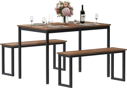 SogesHome Dining Table Set with 2-Benches, 3-Pices Dinning Set for Dining Room, 45’’ Lunch Table Set for Home, Kitchen, Living-Room, Restaurant, Vintage Brown - LeafyLoom