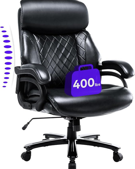 Big and Tall Office Chair 400lbs-Heavy Duty Executive Desk Chair with Extra Wide Seat, High Back Ergonomic Leather Computer Chair with Tilt Rock&Tension, Padded Armrests-Diamond Black - LeafyLoom