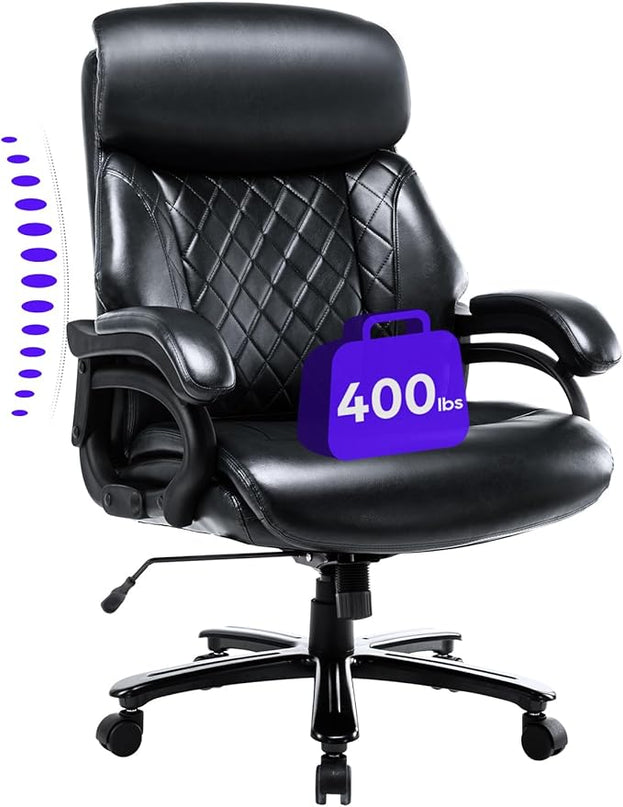Big and Tall Office Chair 400lbs-Heavy Duty Executive Desk Chair with Extra Wide Seat, High Back Ergonomic Leather Computer Chair with Tilt Rock&Tension, Padded Armrests-Diamond Black - LeafyLoom
