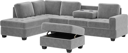 112" Modern L-Shape Sectional Sofa with Reversible Chaise &Storage Ottoman, Velvet Upholstered Couch w/Cup Holder, for Living Room, Apartment, 112 Inch, Dark Gray - LeafyLoom