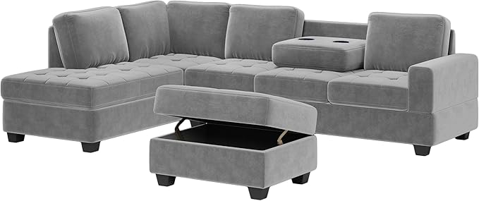 112" Modern L-Shape Sectional Sofa with Reversible Chaise &Storage Ottoman, Velvet Upholstered Couch w/Cup Holder, for Living Room, Apartment, 112 Inch, Dark Gray - LeafyLoom