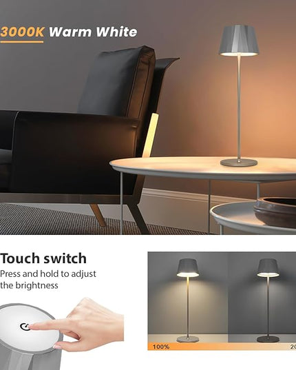 Modern LED Cordless Waterproof Table Lamp,5200mAh Touch Dimmable Desk Lamp,Rechargeable Battery Powered Night Light for Indoor/Outdoor Dining (Silver, 3000K, Warm White) - LeafyLoom