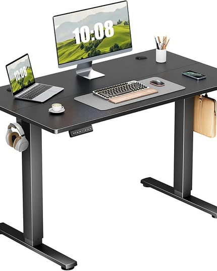 Sweetcrispy Electric Adjustable Height Standing Desk - 40 x 24 inch Sit to Stand Up Desk with Splice Board, Rising Home Office Computer Table with 2 Hook and Wire Hole for Work - LeafyLoom