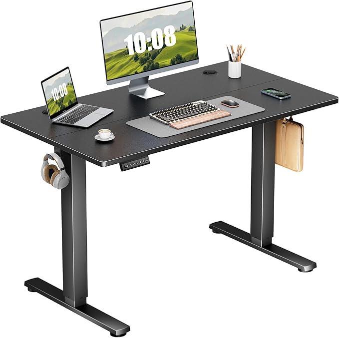 Sweetcrispy Electric Adjustable Height Standing Desk - 40 x 24 inch Sit to Stand Up Desk with Splice Board, Rising Home Office Computer Table with 2 Hook and Wire Hole for Work - LeafyLoom