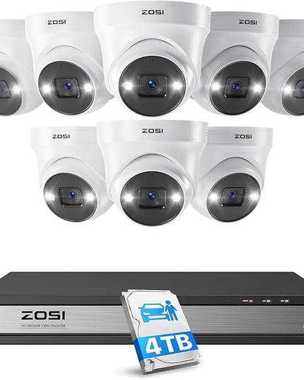 ZOSI 16CH 4K PoE Security Camera System with Person Vehicle Detection,2 Way Audio,Color Night Vision,16Channel 8MP PoE NVR Recorder with 4TB HDD,8pcs 5MP Indoor Outdoor IP Cameras,for 24/7 Recording ZOSI