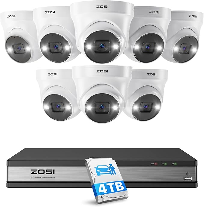 ZOSI 16CH 4K PoE Security Camera System with Person Vehicle Detection,2 Way Audio,Color Night Vision,16Channel 8MP PoE NVR Recorder with 4TB HDD,8pcs 5MP Indoor Outdoor IP Cameras,for 24/7 Recording ZOSI