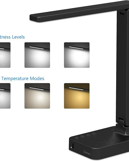 Drevet LED Desk Lamp, Desk Light with 1 USB Charging Port and 2 AC Power Outlet, 3 Lighting Modes, 3 Level Brightness,1H Timer, Touch Control, Eye-Caring Home Office Foldable Table Lamp (Black) - LeafyLoom