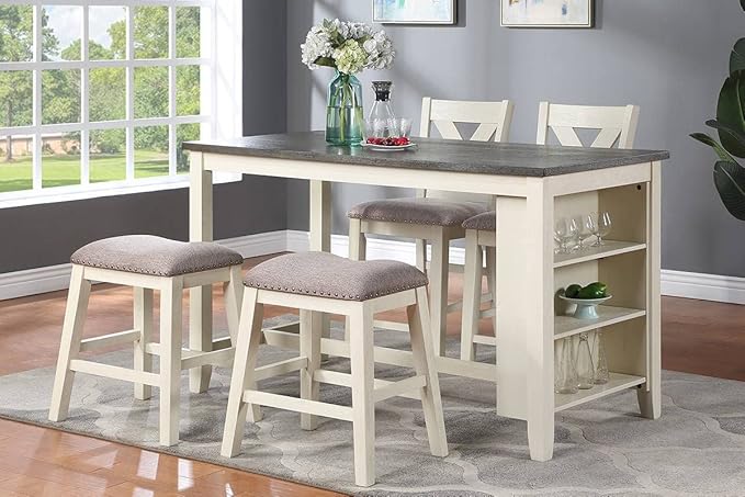 NicBex 60Inch Rectangular Dining Table,Counter Height Kitchen Table with Solid Wood Tabletop and Storage Shelves for 4 to 6,Dining Room Table for Kitchen,Small Space,Dining Living Room,Off White - LeafyLoom