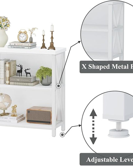 FATORRI Small Bookcase, Bookshelf for Small Space, Short Rustic Bookshelf, Wood and Metal Book Case and Book Shelf (White Oak) - LeafyLoom