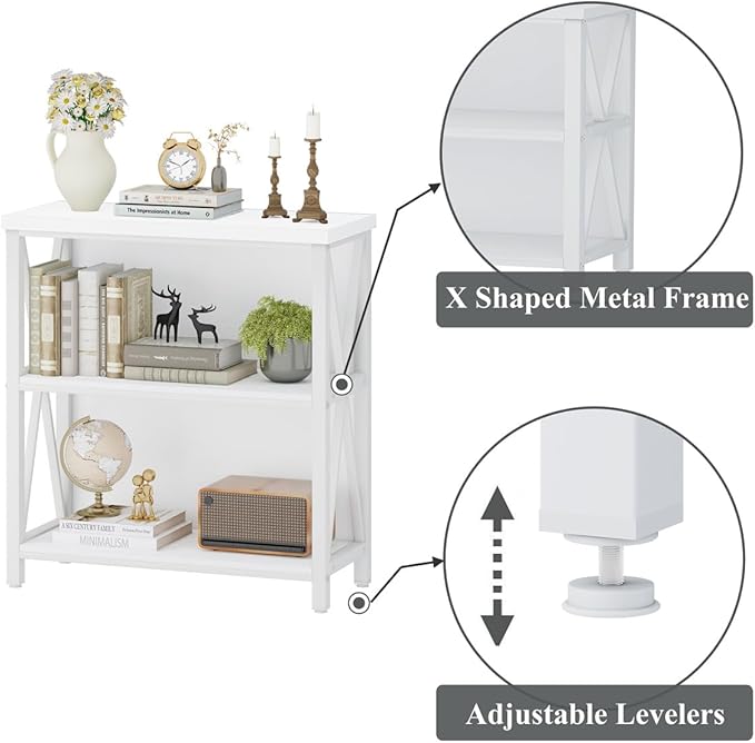 FATORRI Small Bookcase, Bookshelf for Small Space, Short Rustic Bookshelf, Wood and Metal Book Case and Book Shelf (White Oak) - LeafyLoom