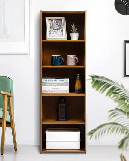 MoNiBloom Bamboo 5 Tier Free Standing Narrow Bookcase Display Storage Shelves Collection Décor Furniture for Home Office Living Room, Brown - LeafyLoom