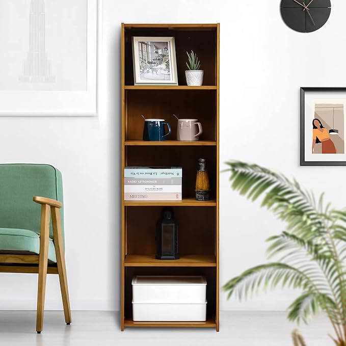 MoNiBloom Bamboo 5 Tier Free Standing Narrow Bookcase Display Storage Shelves Collection Décor Furniture for Home Office Living Room, Brown - LeafyLoom
