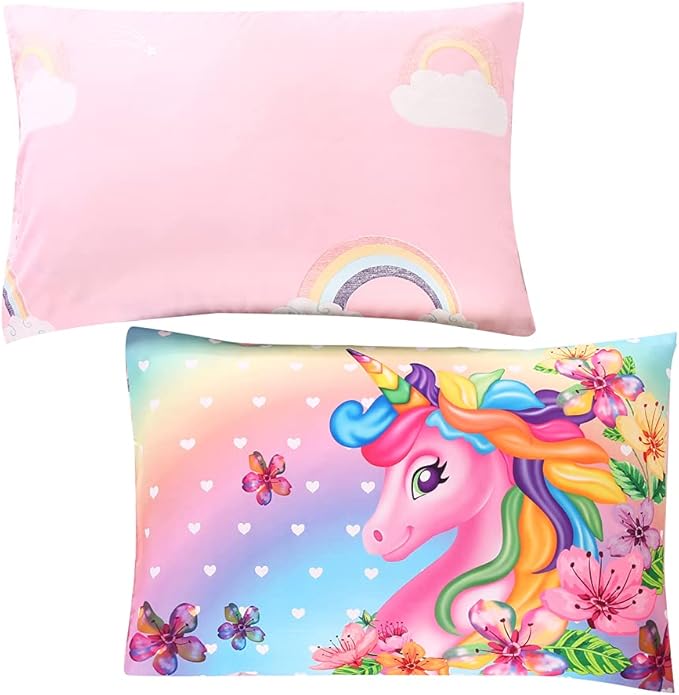 Cute Unicorn Comforter Sets 3pc Pink Flower Girl Colorful Unicorn Bedding Sets Soft Girls Unicorn Rainbow Comforter Sets - LeafyLoom