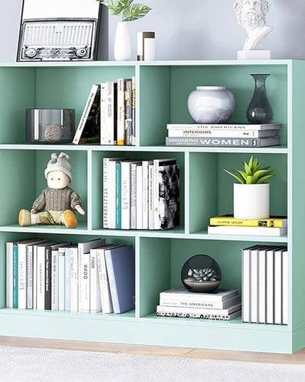 IOTXY Open Shelf Low Bookcase - Wooden 3-Tier Floor Standing Display Cabinet Organizer with Base, 7 Cubes Short Horizontal Bookshelf in Tiffany-Green - LeafyLoom