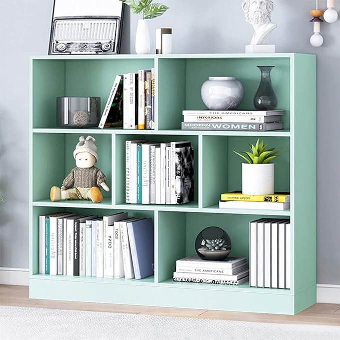 IOTXY Open Shelf Low Bookcase - Wooden 3-Tier Floor Standing Display Cabinet Organizer with Base, 7 Cubes Short Horizontal Bookshelf in Tiffany-Green - LeafyLoom