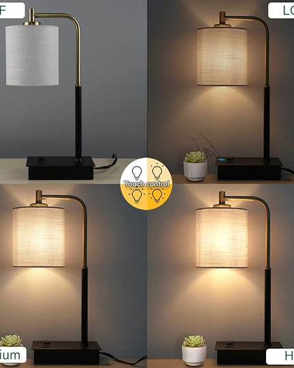 Set of 2 Touch Control Table Lamp 3-Way Dimmable Bedside Nightstand Lamp with USB Type C Port 1 AC Outlet Desk Lamp with Fabric Shade for Bedside, Office, Dorm(2 Bulb Included) - LeafyLoom