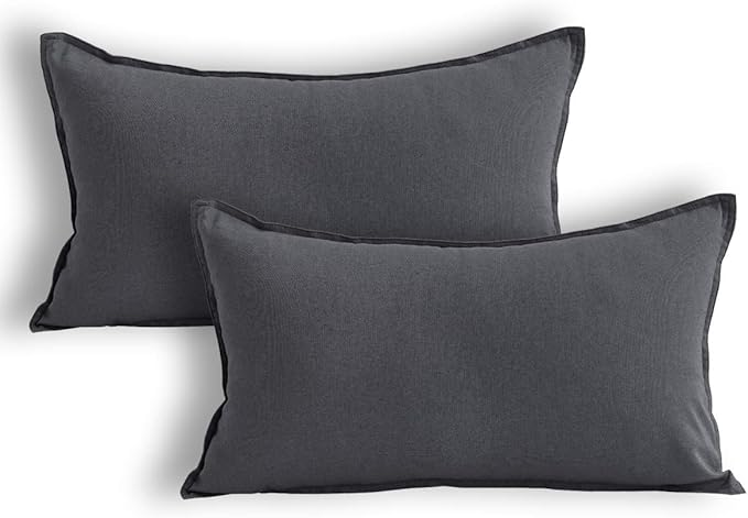 Jeanerlor Natural Cotton Linen Decorative Lumbar Throw Pillow Case Dark Grey Cushion Cover with Twin Needles Stitch on Edge,for Office/Coffee Shop 12"x20" 2 pack - LeafyLoom