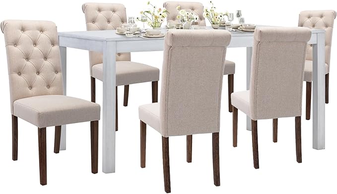 COLAMY 7-Piece Dining Table Set for 6, 60" Kitchen Wood Table with 6 Tufted Dining Room Chairs, White/Beige - LeafyLoom