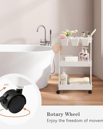 danpinera Slim Storage Cart, 3 Tier Slim Laundry Cart with Wheels Bathroom Cart Organizer with Hanging Cups Hooks Dividers Handle Mobile Rolling Art Cart for Bathroom Kitchen Narrow Places, White - LeafyLoom