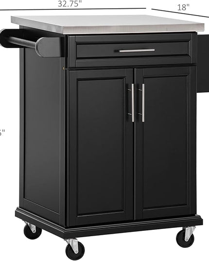 HOMCOM Kitchen Island on Wheels, Rolling Kitchen Cart with Stainless Steel Countertop, Drawer, Towel Rack and Spice Rack, Utility Storage Trolley, Black - LeafyLoom