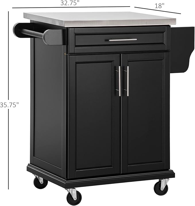 HOMCOM Kitchen Island on Wheels, Rolling Kitchen Cart with Stainless Steel Countertop, Drawer, Towel Rack and Spice Rack, Utility Storage Trolley, Black - LeafyLoom