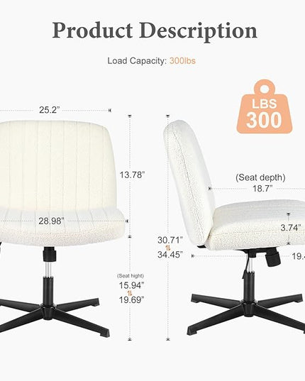 Sweetcrispy Criss Cross Chair Legged, Armless Office Desk Chair No Wheels, Swivel Vanity Chair, Height Adjustable Wide Seat Computer Task Chair, Fabric Vanity Modern Home Chair White - LeafyLoom