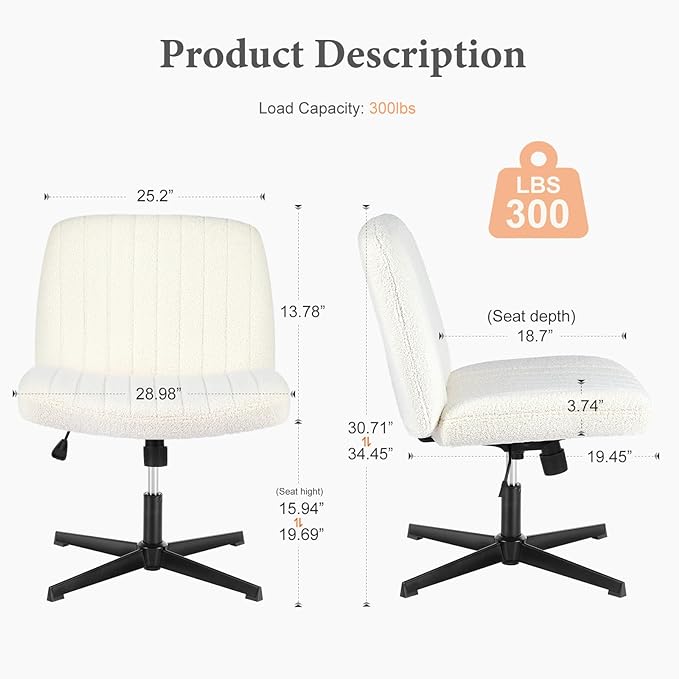 Sweetcrispy Criss Cross Chair Legged, Armless Office Desk Chair No Wheels, Swivel Vanity Chair, Height Adjustable Wide Seat Computer Task Chair, Fabric Vanity Modern Home Chair White - LeafyLoom