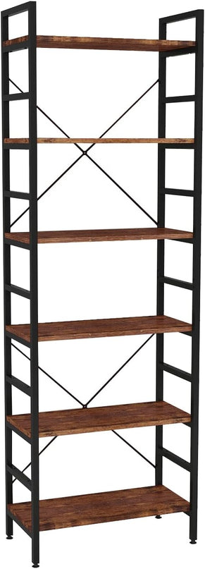 6 Tier Industrial Bookcase Shelf,Tall Bookshelf Industrial Corner Storage Organizer for Bedroom/Living Room/Home Office - Rustic Brown Modern Book Shelf for Books and Movies - LeafyLoom