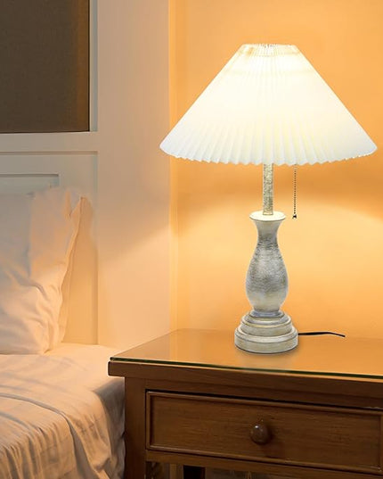 Farmhouse Table Lamp with Pull Chain Switch Control 3-Way Dimmable Table Lamp, Modern Nightstand Lamp Bedside Desk Lamp with Fabric Shade for Living Room Bedroom Hotel (Metal-Pack-01) - LeafyLoom