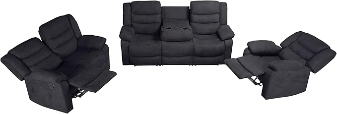 3 Pieces Oversized Manual Motion Set with Center Console,Cup Holders,Three Seaters Couch,Loveseat&Lounge Chair, Upholstered Reclining Sectional Sofa, Gray 3PIECES - LeafyLoom