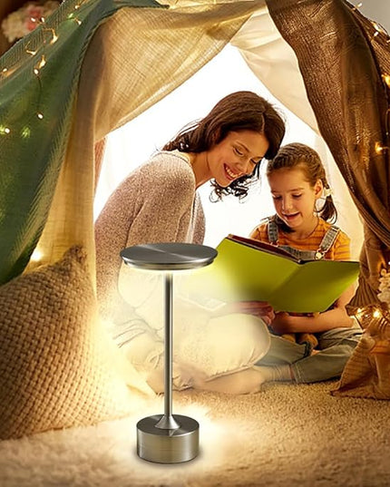Portable Metal Desk Lamp, 3-Levels Brightness Metal LED Table Lamp, 3 Color Touch Control Rechargeable Lamp, Night Light, Bedside Lamp,Dining Room Lamp (Silver) - LeafyLoom