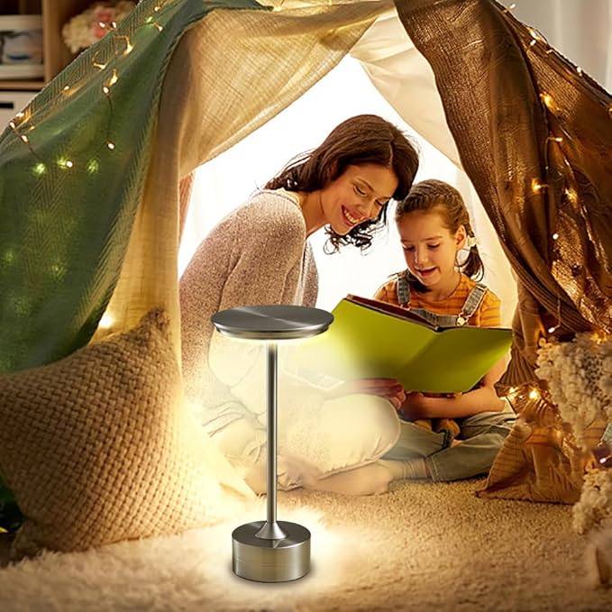 Portable Metal Desk Lamp, 3-Levels Brightness Metal LED Table Lamp, 3 Color Touch Control Rechargeable Lamp, Night Light, Bedside Lamp,Dining Room Lamp (Silver) - LeafyLoom