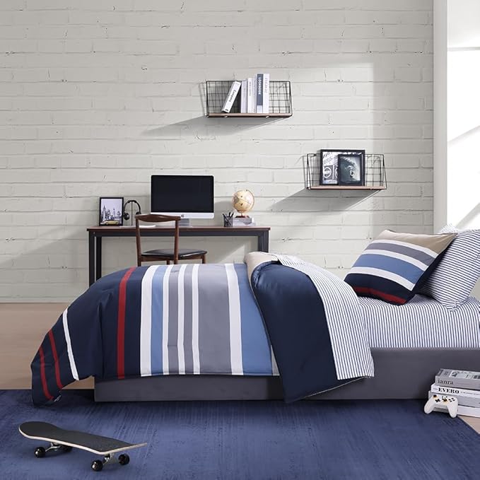 Nautica - Twin Comforter Set, Cotton Reversible Bedding with Matching Sham, Stylish Home Decor, Dorm Room Essentials (Bradford Navy/Khaki, Twin) - LeafyLoom