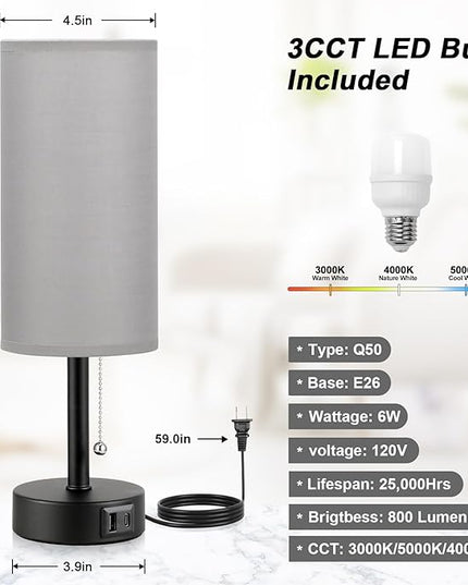 Grey Table Bedside Lamp for Bedroom Nightstand- Small Lamp with USB A + C Charging Port, 3 Color Temperatures Pull Chain Night Stand Light with Bulb, Side Table Desk Reading Lamp for Living Room - LeafyLoom