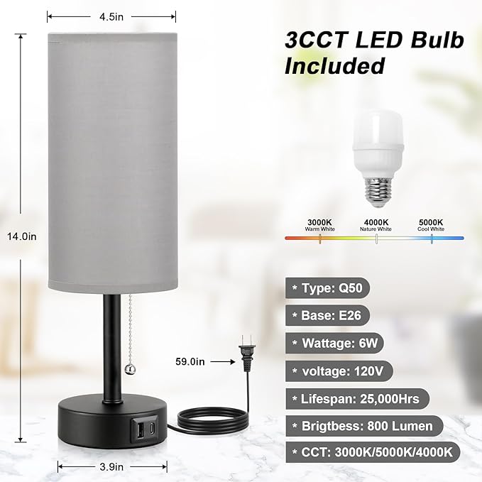 Grey Table Bedside Lamp for Bedroom Nightstand- Small Lamp with USB A + C Charging Port, 3 Color Temperatures Pull Chain Night Stand Light with Bulb, Side Table Desk Reading Lamp for Living Room - LeafyLoom