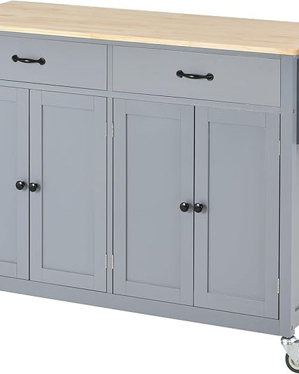 Kitchen Island Cart with Solid Wood Top, Mobile Kitchens Carts with Storage Cabinet, Rolling Kitchen Table w/Spice Rack, Towel Rack, and Drawer, Portable Islands on Wheels for Bar - LeafyLoom