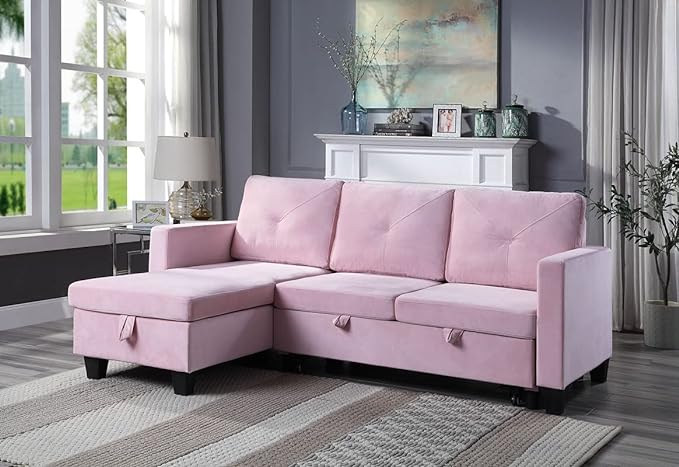 Reversible L Shaped Velvet Sectional Sofa Couch with Storage Chaise, Pull Out Sleeper Bed Removable Back Cushions for Living Room, Apartment, Small Space, Pink, 82.5 - LeafyLoom