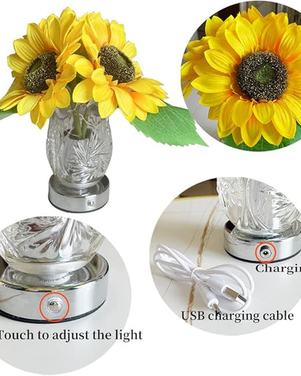 Sunflower Lamp Artificial LED Sunflower Flowers with Glass Vase Table Lamp Night Light for Home Office Decor House Decorations Gift Idea - Rechargeable (3Sunflower) - LeafyLoom