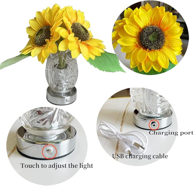 Sunflower Lamp Artificial LED Sunflower Flowers with Glass Vase Table Lamp Night Light for Home Office Decor House Decorations Gift Idea - Rechargeable (3Sunflower) - LeafyLoom