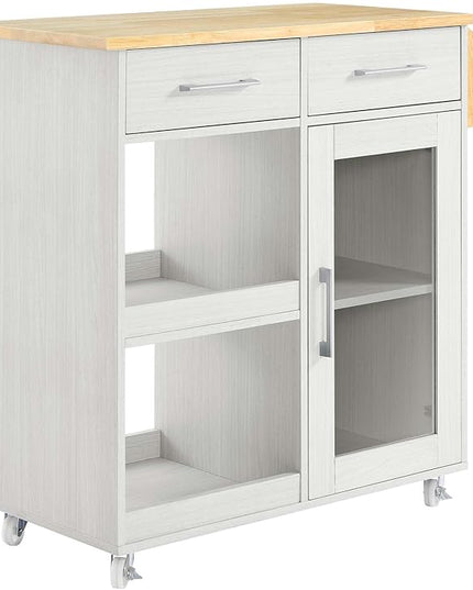 Modway Culinary Rolling Kitchen Cart with Storage in White Natural - 3 Tiers Kitchen Island on Wheels with Spice Rack, Functional as a Coffee Station, Bar Cabinet or Butcher Block Island - LeafyLoom