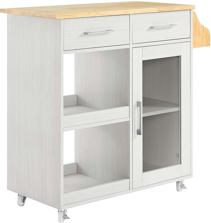 Modway Culinary Rolling Kitchen Cart with Storage in White Natural - 3 Tiers Kitchen Island on Wheels with Spice Rack, Functional as a Coffee Station, Bar Cabinet or Butcher Block Island - LeafyLoom