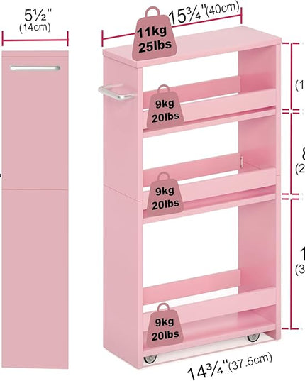 TEAMIX 4 Tier Slim Storage Cart with Handle, Pink Laundry Room Cart Between Washer and Dryer Rolling Narrow Kitchen Cart for Small Spaces (Pink, 5-1/2'' W) - LeafyLoom