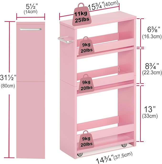 TEAMIX 4 Tier Slim Storage Cart with Handle, Pink Laundry Room Cart Between Washer and Dryer Rolling Narrow Kitchen Cart for Small Spaces (Pink, 5-1/2'' W) - LeafyLoom
