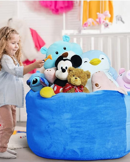 Bean Bag Chair Cover, Stuffed Animal Storage, Plush Toys Organizer Holder, Beanbag Chairs Cover for Kids Teans and Adults Super Soft and Comfortable Fabric X-Large with Handle and Zipper -Round Blue - LeafyLoom