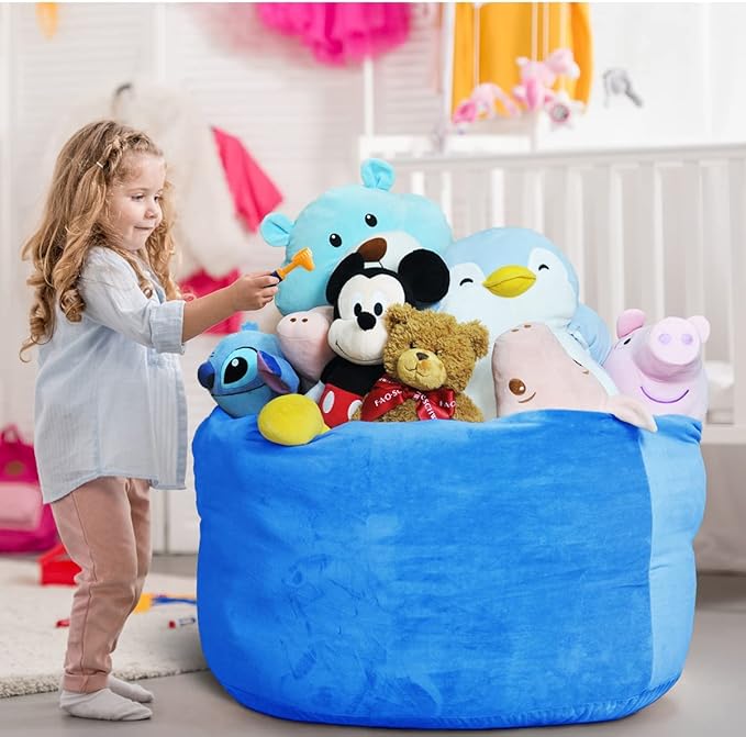 Bean Bag Chair Cover, Stuffed Animal Storage, Plush Toys Organizer Holder, Beanbag Chairs Cover for Kids Teans and Adults Super Soft and Comfortable Fabric X-Large with Handle and Zipper -Round Blue - LeafyLoom