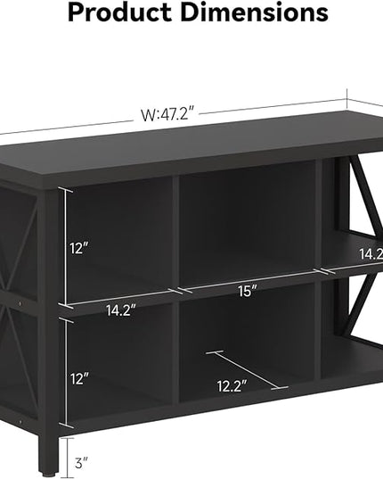 6 Cube Storage Organizer with Shelf, 3 Tier Metal and Wood Open Book Shelf, Long Wide Office Cubby Bookcase with Storage, Industrial Horizontal Bookshelf (Black, 47 Inch) - LeafyLoom