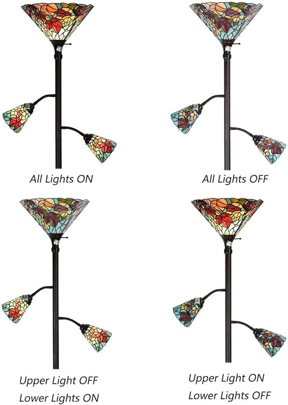 Bieye L10884 Maple Tree Leaves Tiffany Style Stained Glass Torchiere Floor Lamp with Sidelights for Reading Home Decor, 70-inches Tall (Maple Leaf, Red) - LeafyLoom
